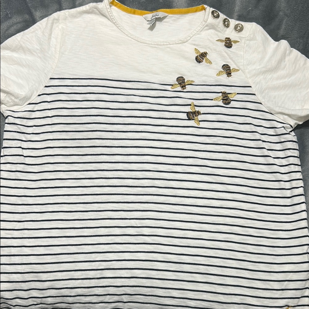 White Striped T-Shirt with Bee Embroidery
